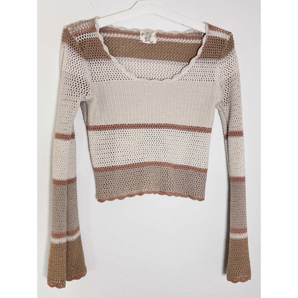 Hippie Rose Striped Crochet Knit Top Brown Beige Long Bell Sleeve Scoop Neck L